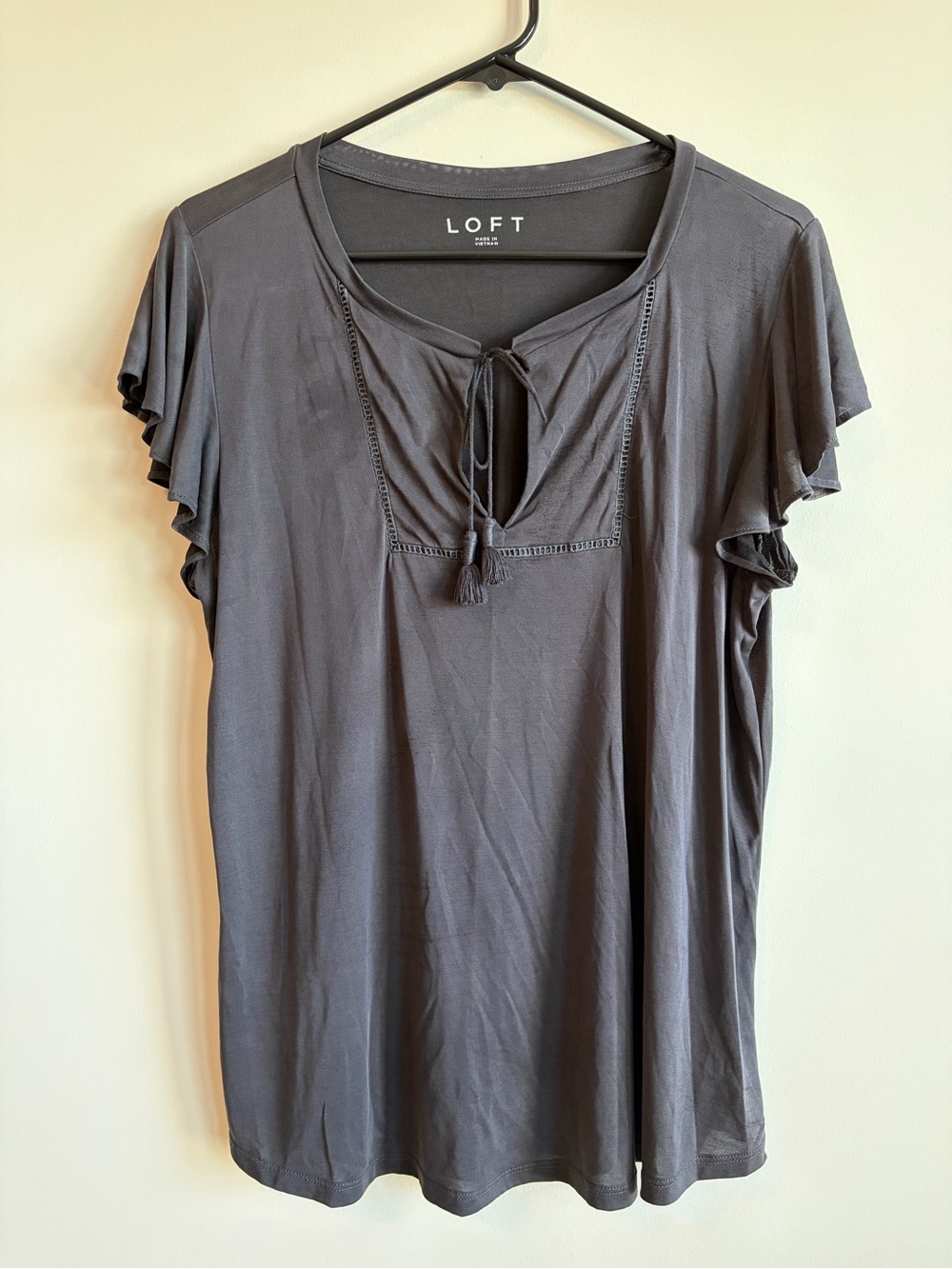 LOFT Charcoal Gray Tassel Tie Flutter Sleeve Top
